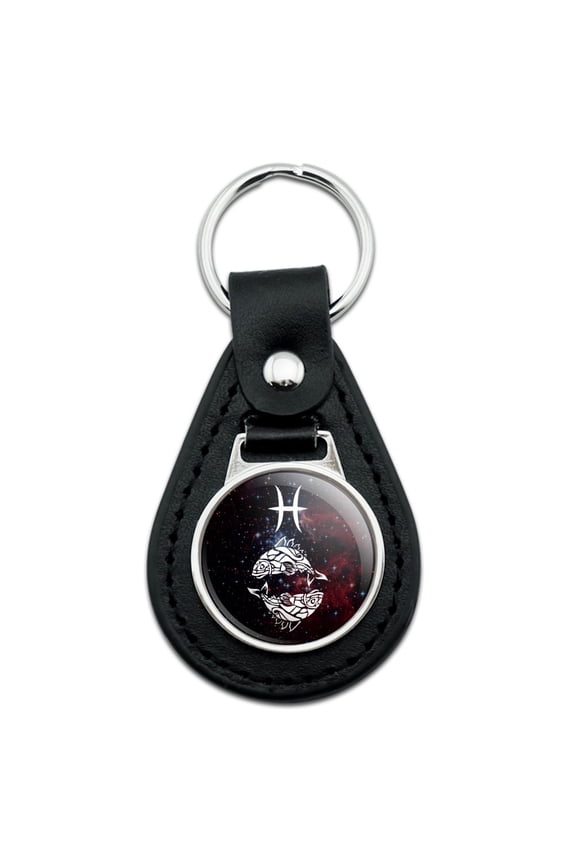 Black Leather Pisces Fish Zodiac Sign Horoscope in Space Keychain