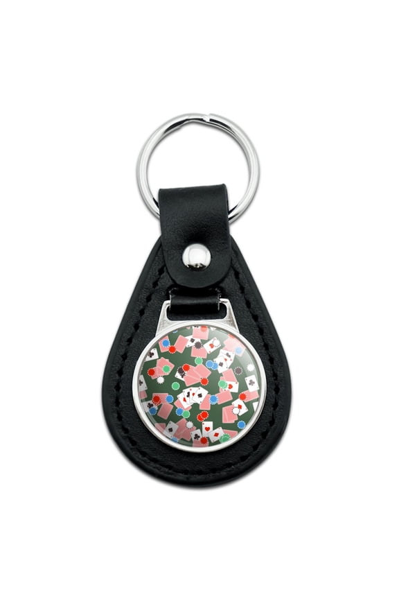 Black Leather Poker Chips and Ace Cards Pattern Keychain