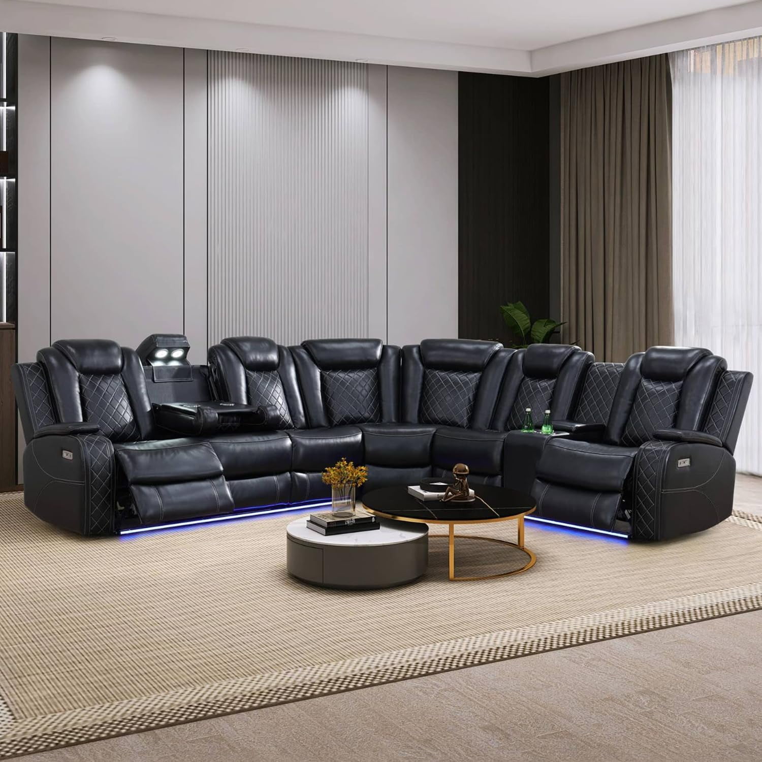 Black Leather Power Reclining Sectional Sofa，Sectional Couch with