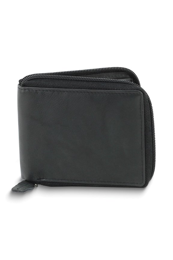 Black Leather RFID Blocking Zip Around Top Flap Wallet