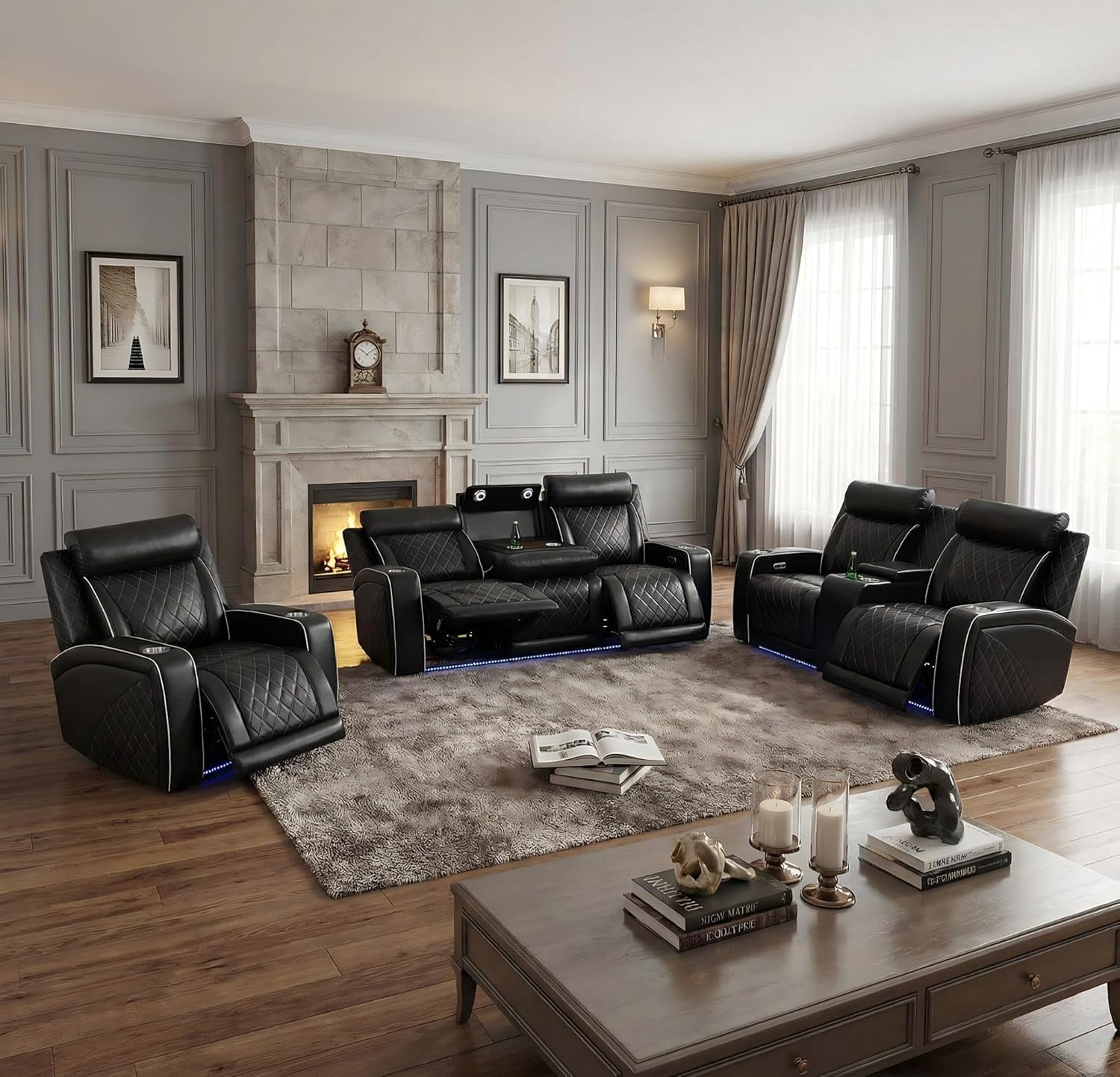 Black Leather Reclining Living Room Set, Leather Reclining Couch Set ...