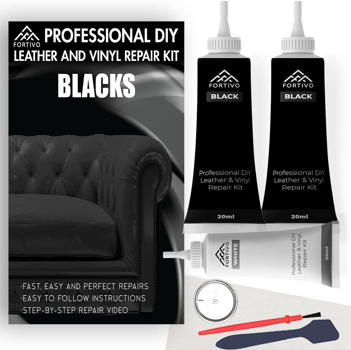 FORTIVO Black Leather and Vinyl Repair Kit - Furniture, Couch, Car Seats, Sofa, Jacket