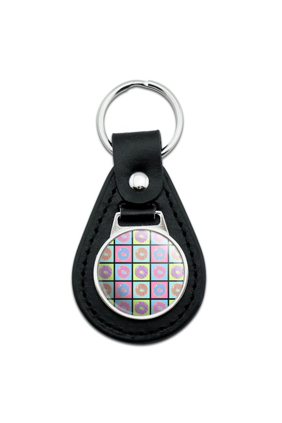 Black Leather Retro Cute Yummy Donuts Pattern Keychain