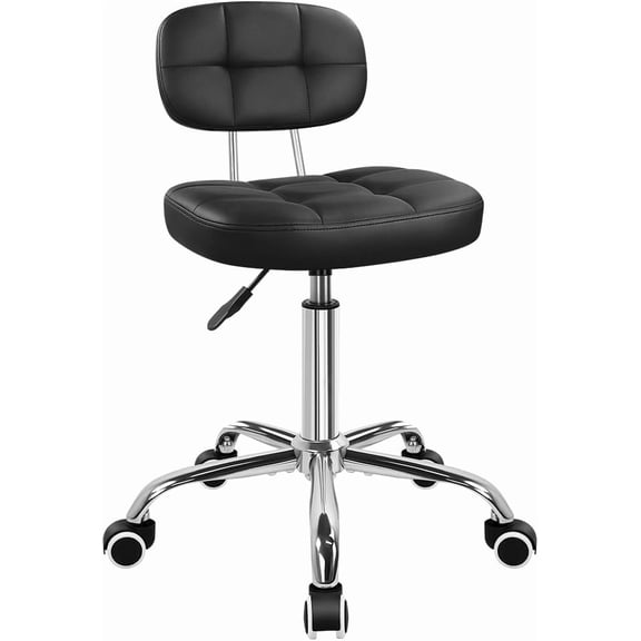 Black Leather Rolling Office Stool with Swivel Wheels and Backrest, Height Adjustable