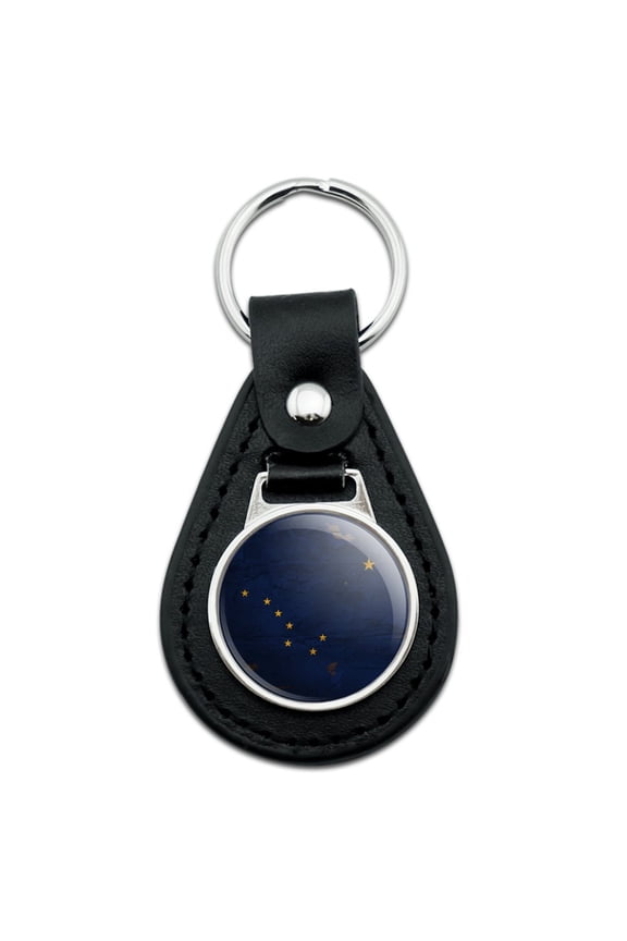 Black Leather Rustic Alaska State Flag Distressed USA Keychain