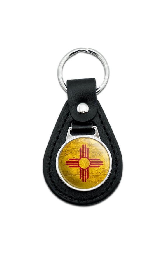 Black Leather Rustic Distressed New Mexico State Flag Keychain