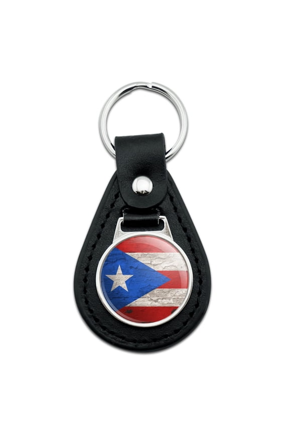 Black Leather Rustic Distressed Puerto Rico Flag Wood Look Keychain