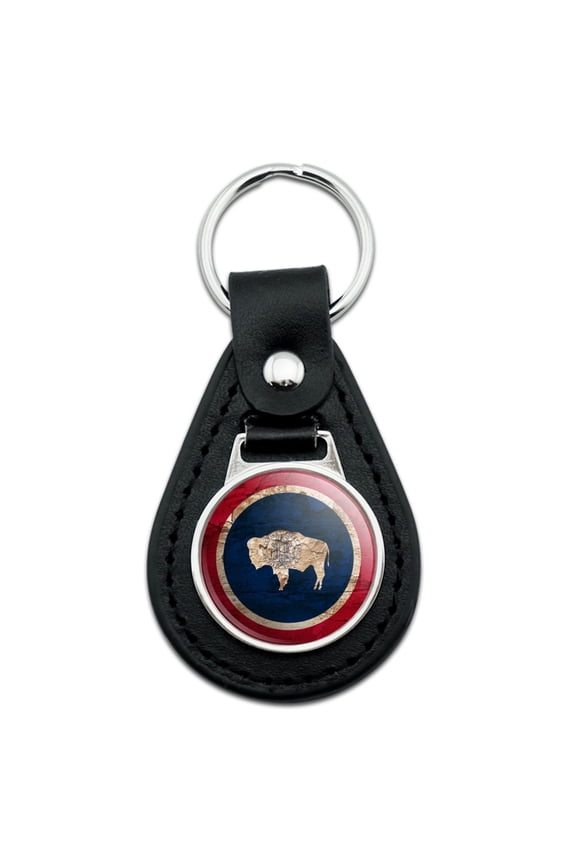 Black Leather Rustic Distressed Wyoming State Flag Keychain