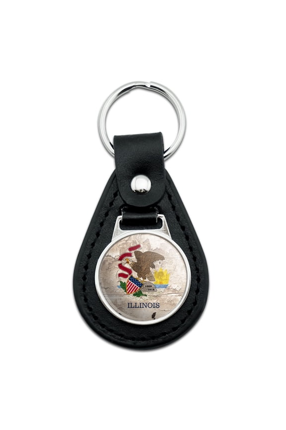 Black Leather Rustic Illinois State Flag Distressed USA Keychain