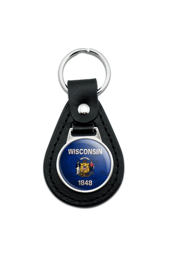 Black Leather Rustic Wisconsin State Flag Distressed USA Keychain