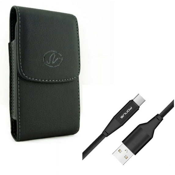 Black Leather Side Case Cover Pouch Holder w Durable Cotton Braided 6ft Long Type-C USB Cable Sync Wire W2E for Acer Liquid Jade Primo - Alcatel Idol 4S - ASUS ROG Phone, ZenFone AR 6 5z 4 Pro