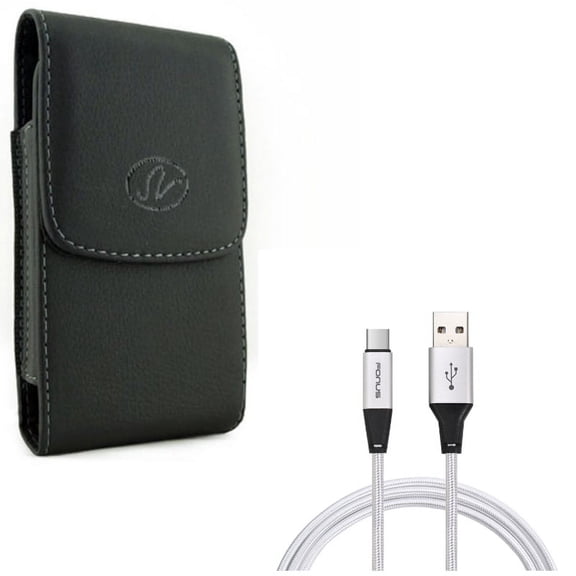 Black Leather Side Case Cover Protective Pouch w Durable Braided 6ft Long Type-C USB Cable Wire Sync A4W for LG V35 ThinQ, Stylo 4 Plus - Motorola Moto Z4 Z3 Play Z2 Play Z Play Droid