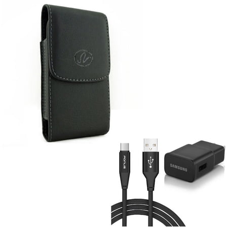 Black Leather Side Case w Adaptive Fast Charger Home Wall Adapter 6ft Long Type-C USB Cable Y1V for Acer Liquid Jade Primo - Alcatel Idol 4S - ASUS ROG Phone, ZenFone AR 5z 4 Pro