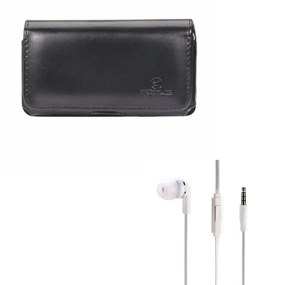 Black Leather Side Case w Flat Wired Headset MONO Hands-free Earphone w Mic E1W for Samsung Galaxy Note 5 4 3 Neo 2, J7, Halo Grand 2 A7 (SM-A700FD) (2018) Refine A6 - Sony Xperia Z5 Z3v Z3+