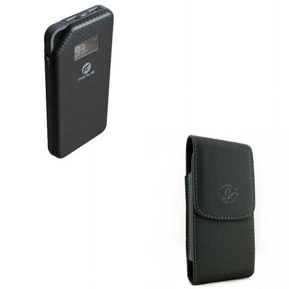 Black Leather Side Case w Slim 10000mAh Portable Battery Charger Backup PowerBank 2-Port USB E1Z Compatible With Google Pixel 3a XL