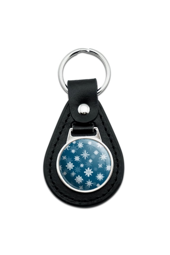 Black Leather Snowflakes on Blue Tile Pattern Keychain