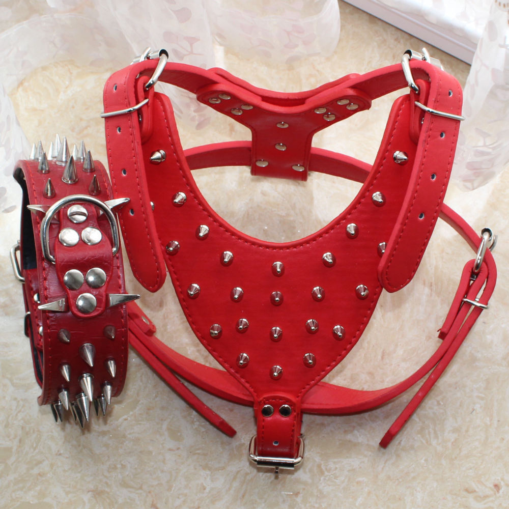 "Black Leather Spiked Dog Collar & Studded Harness Set Ideal Pitbull, Boxer,