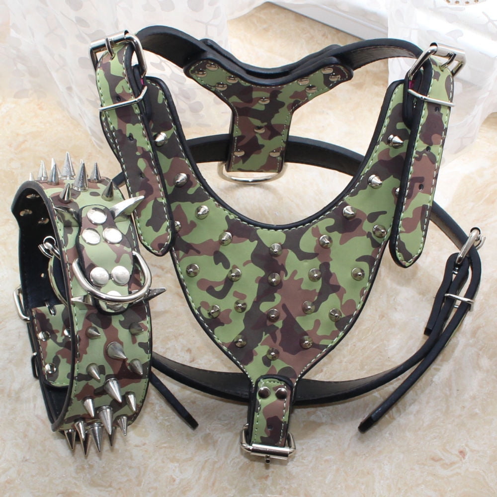 "Black Leather Spiked Dog Collar & Studded Harness Set Ideal Pitbull, Boxer,