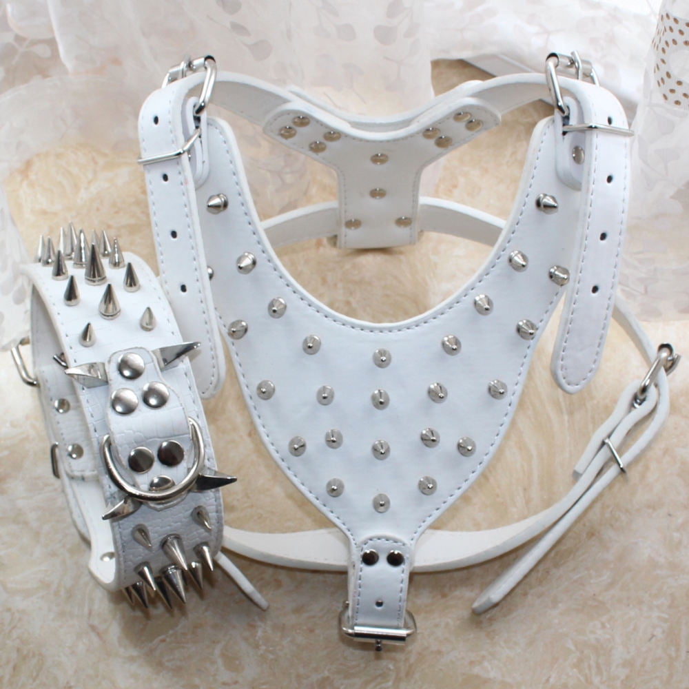 "Black Leather Spiked Dog Collar & Studded Harness Set Ideal Pitbull, Boxer,