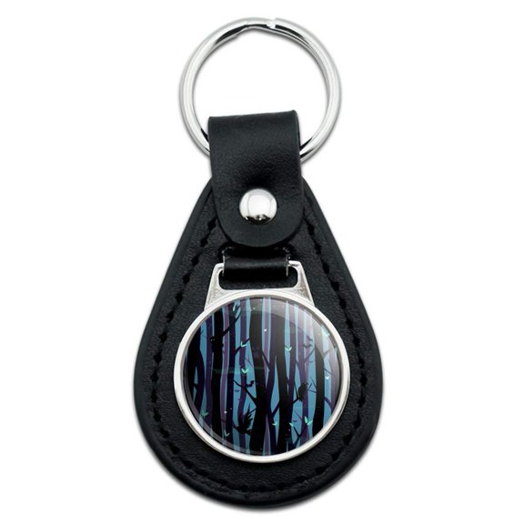 Black Leather Spooky Dark Forest with Crows and Ravens Keychain