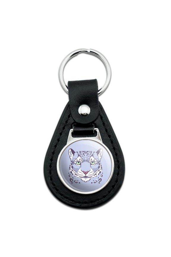 Black Leather Spotted Snow Leopard Face Keychain