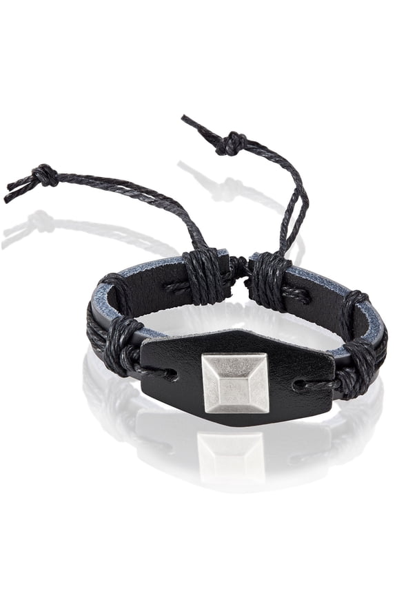 Men's Square Stud Center Adjustable Leather Bracelet