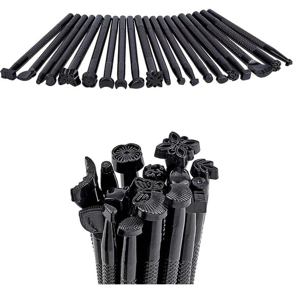 Black Leather Stamping Tool Set 20pcs Mixed Shape Pattern Drill Steel Saddle Making Punch Carving Leather Craft DIY Working DIY Making