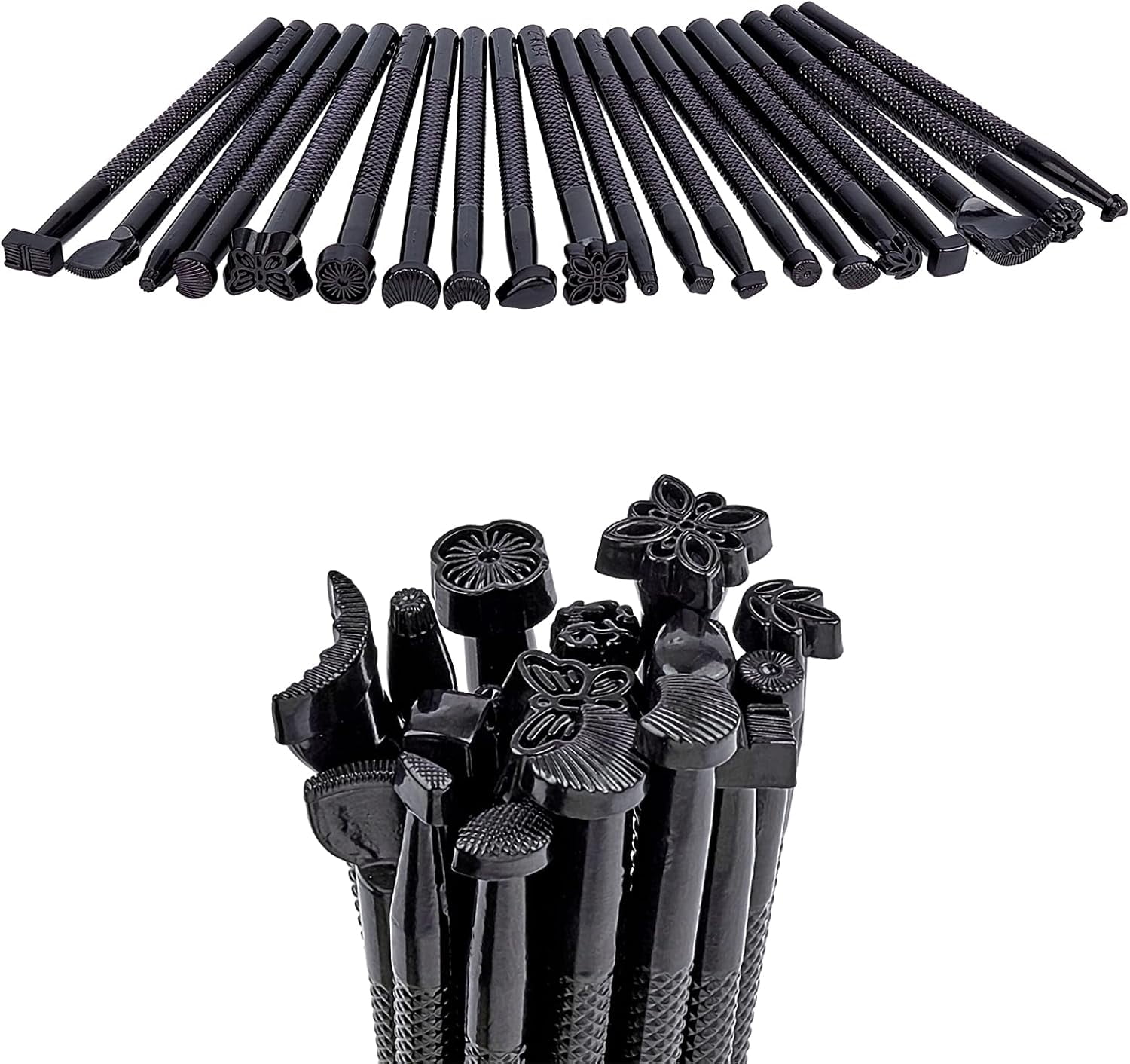 Black Leather Stamping Tool Set 20pcs Mixed Shape Pattern Drill Steel Saddle Making Punch Carving Leather Craft DIY Working