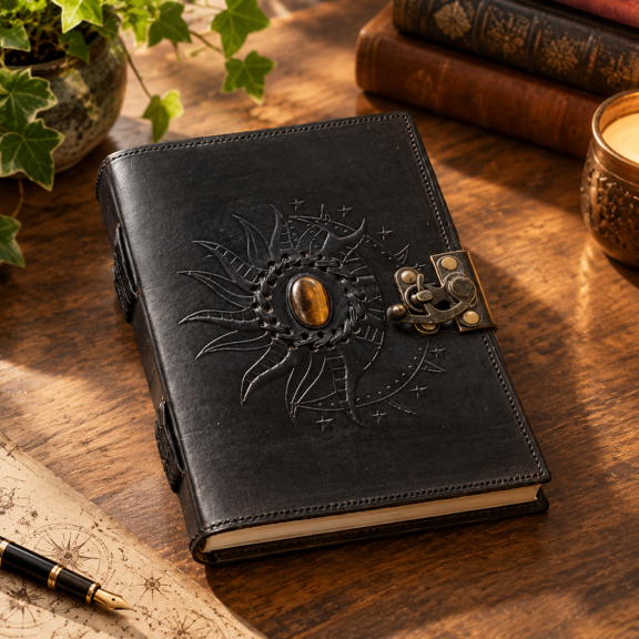 Black Leather Sun And Moon Stone 8x6 Inch Unlined Blank Journal Notebook Diary