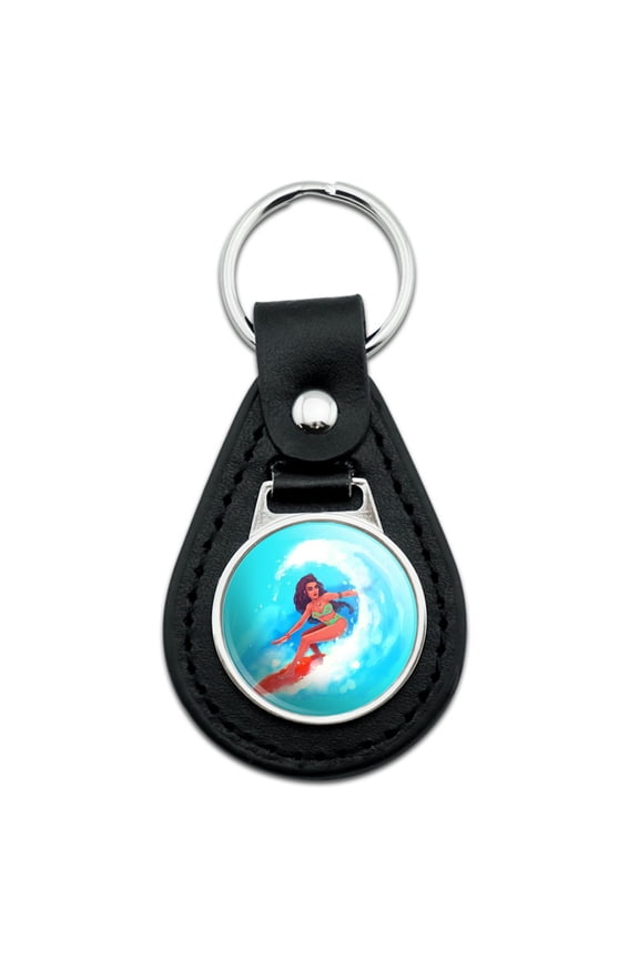 Black Leather Surfer Girl Surfing On Wave With Surfboard Keychain