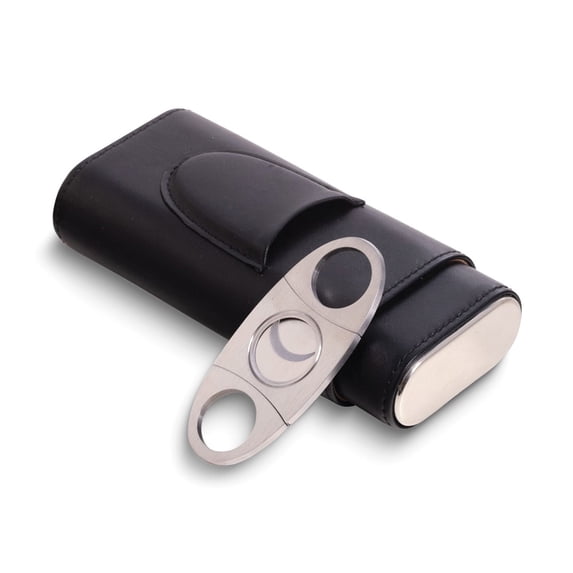 Black Leather Three Cigar Holder with Stainless Steel Cutter Set