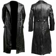 ERYAO Black Leather Trench Coat Mens Full Length,Leather Duster Coat Long Warm Winter Overcoat for Men Plus Size S-5XL