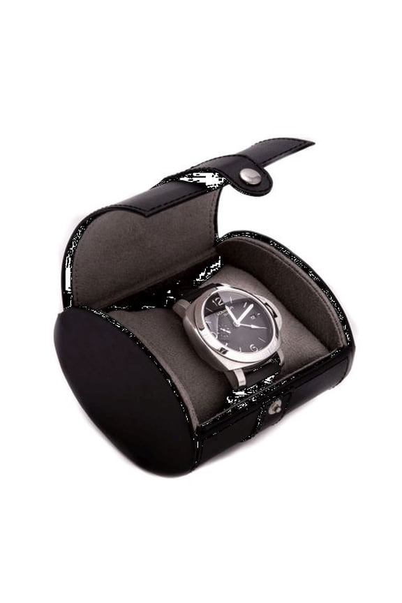 Black Leather Velour Lined Snap Closure Single Watch Travel Case QGM13302
