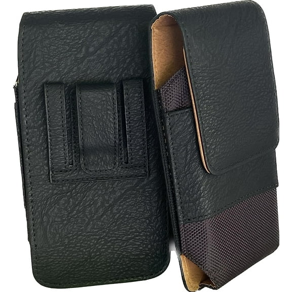 Black Leather Vertical Belt Loop Case is Compatible with Consumer Cellular Zmax 5G with a thin cover on it.