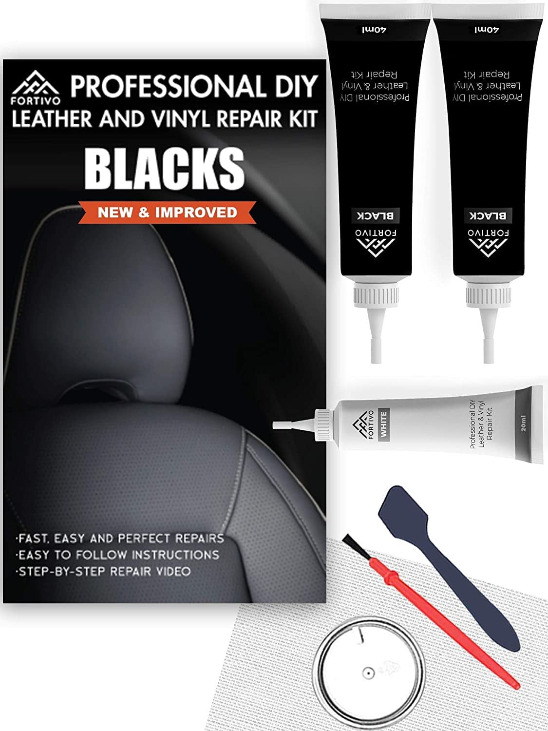 Black Leather and Vinyl Repair Kit - Furniture, Couch, Car Seats, Sofa, Jacket, Purse, Belt, Shoes | Genuine, Italian, Bonded, Bycast, PU, Pleather |No Heat Required | Repair &amp; Restore