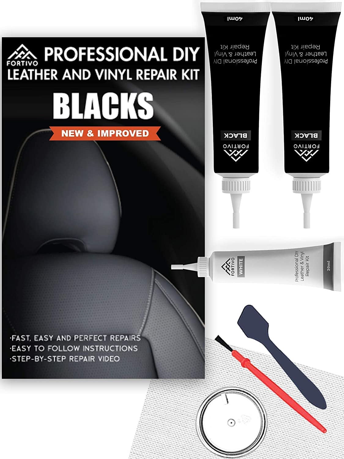 FORTIVO Black Leather and Vinyl Repair Kit - Furniture, Couch, Car Seats, Sofa, Jacket