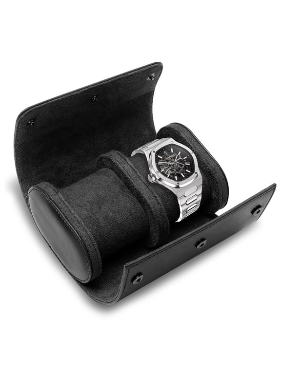 Black Leather Watch Travel Case 2 Slot Organizer Holder Box, Watch Travel Case for Men Women Storage Display with Removable Pillows