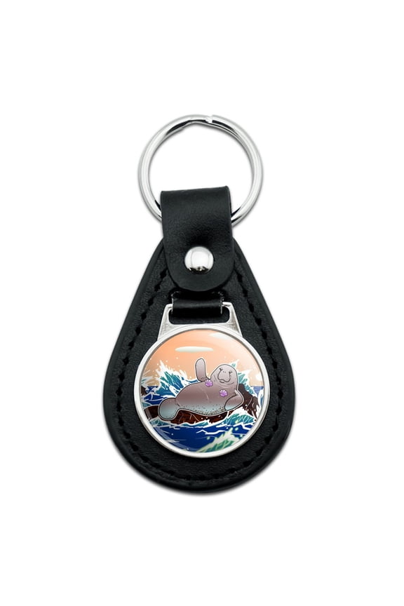 Black Leather Waving Manatee Mermaid On Rocks And Waves Funny Keychain