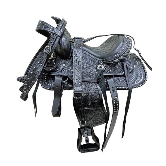 Black Leather Western Barrel Horse Saddle Floral Carved Metal Studs Suede Seat 10" With Tack Set
