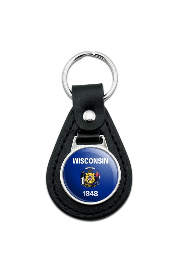 Black Leather Wisconsin State Flag Keychain