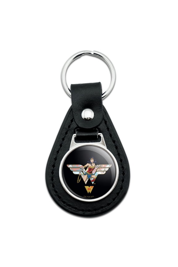 Black Leather Wonder Woman 80th Collage Logo Keychain