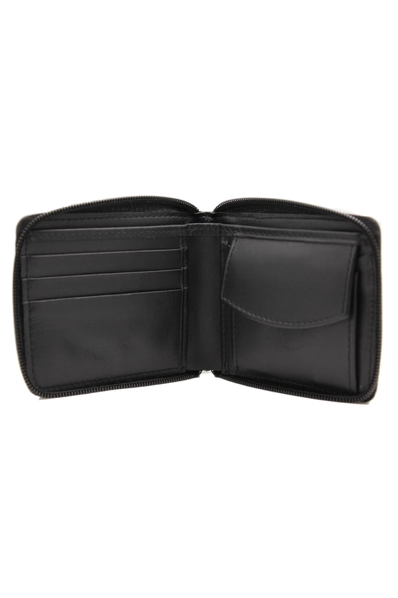 Black Leather Zip Around Bi-fold Wallet for Men J53-25 Travelers Coin Pocket