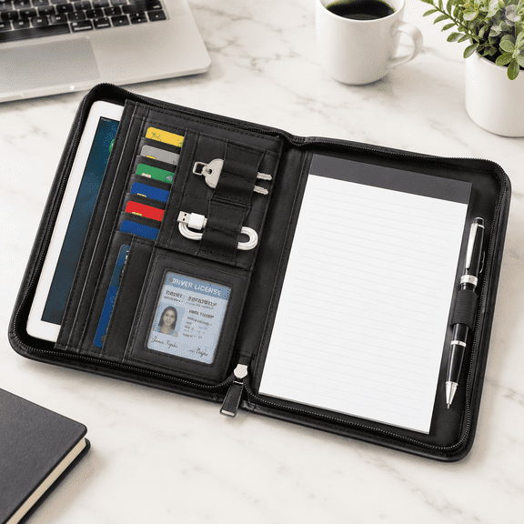 Black Leather Zippered Padfolio Portfolio Binder with 5x8 Writing Pad