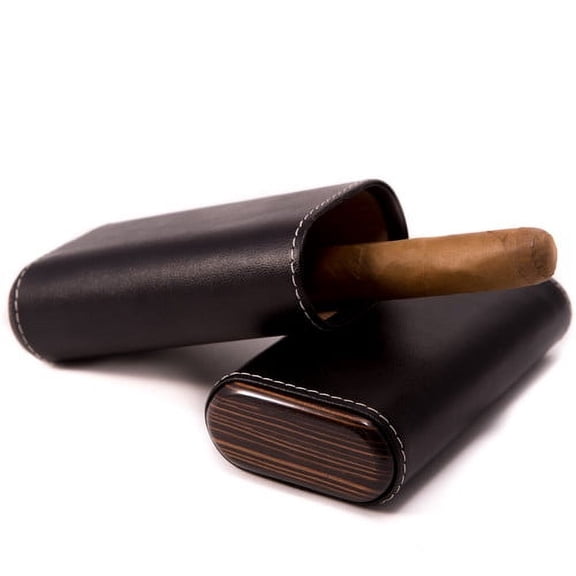 Black Leather with Ebony Wood Accent and Cedar Lined Three Cigar Travel Case QGM13366