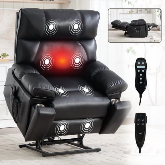 Black Leatheraire Power Lift Recliner Chair with Heat Massage, Dual Motor Infinite Position Reclining, 350 lbs Capacity Heavy Duty Electric Recliner for Living Room, Black