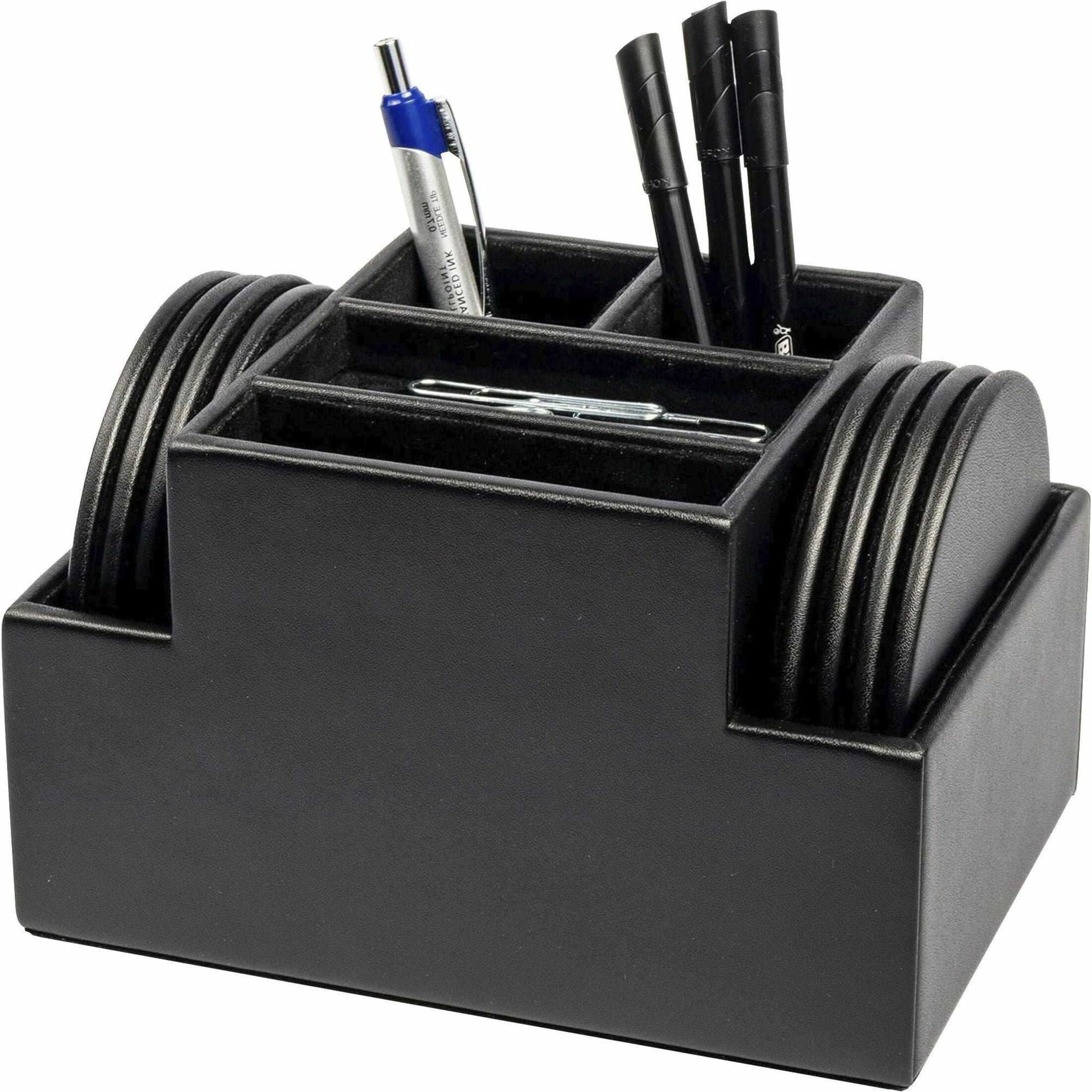 Black Faux-Leather Round Coaster Set with Multi-Compartment Holder