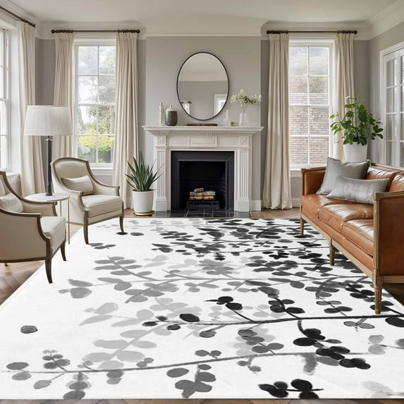 Black Leaves Area Rugs 6'x9', Washable Small Throw Rugs for Kitchen Dining room, Summer Botanical Indoor Outdoor Rug Non-Slip Low Pile Carpet Runner Reversible Floor Mats
