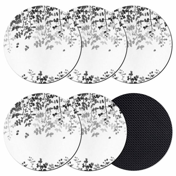 Black Leaves Coasters Set of 6, Absorbent Coasters for Drinks, Summer Botanical Coaster for Desk Coffee Table Protection, Home Decor House Warming Gifts 4"