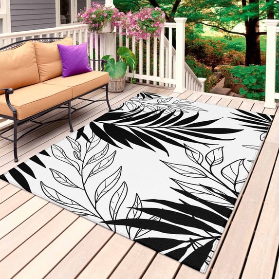 Black Leaves Outdoor Rug for Patio/Deck/Porch, Non-Slip Large Area Rug 5 x 7 Ft, Abstract Modern Geometric Lines Simple Art Indoor Outdoor Rugs Washable Area Rugs, Camping Rug Carpet Runner