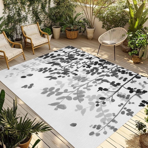 Black Leaves Outdoor Rug for Patio/Deck/Porch, Non-Slip Large Area Rug 5 x 7 Ft, Summer Botanical Indoor Outdoor Rugs Washable Area Rugs, Reversible Camping Rug Carpet Runner